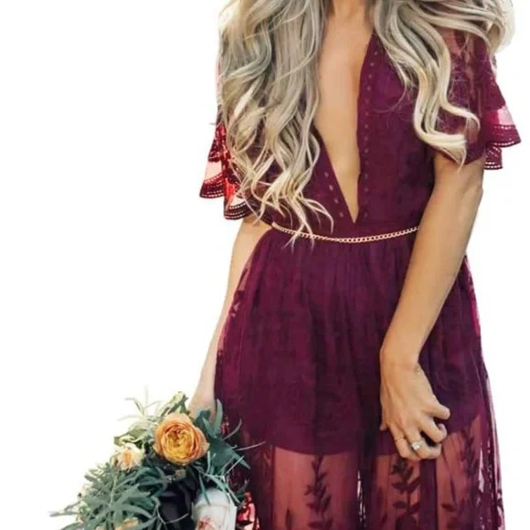 2xHP💝Merlot Lace Maxi Dress/Romper sz medium - Picture 3 of 16